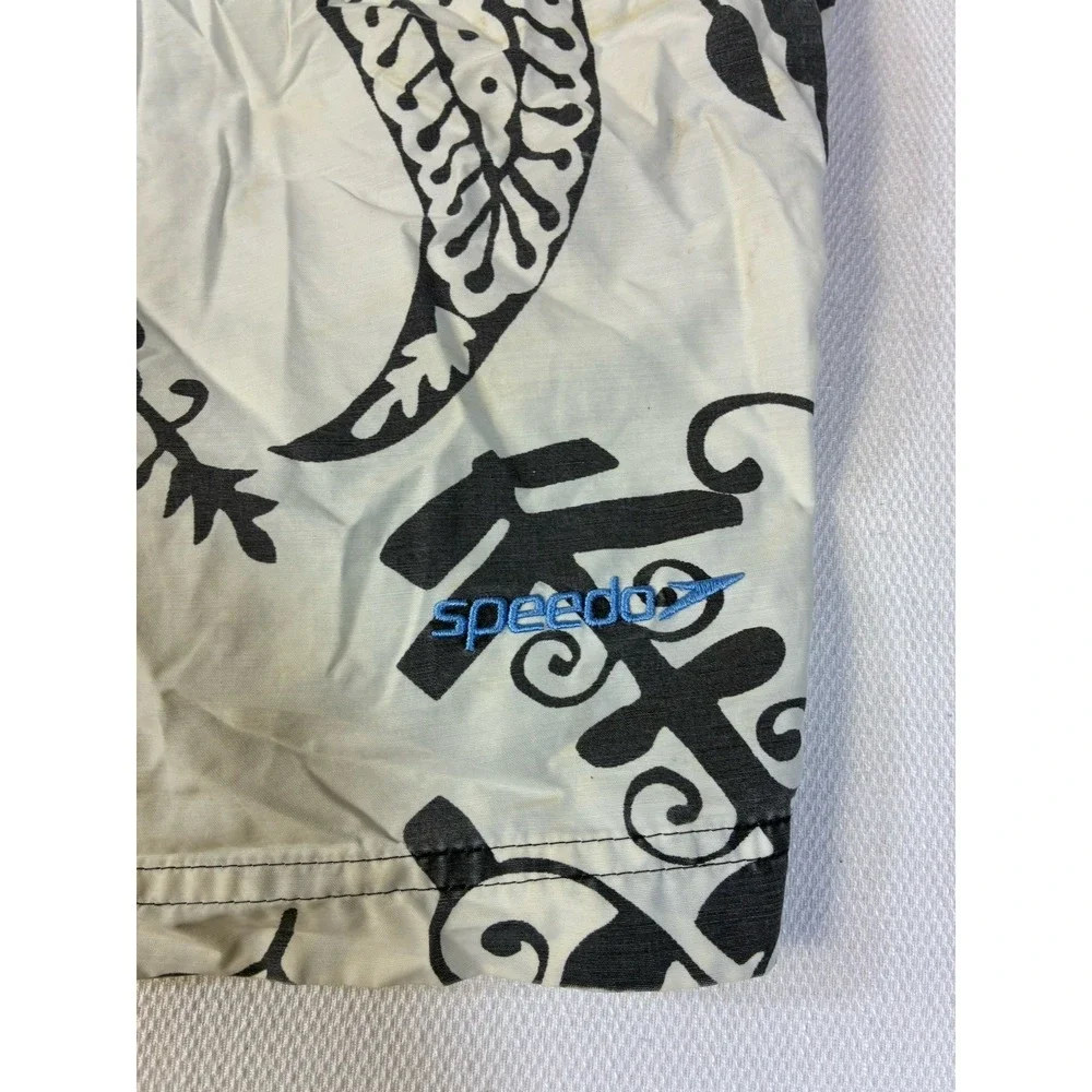 Speedo Men's Medium Swim Trunks Board Shorts Cream Black Paisley Floral Mesh‎